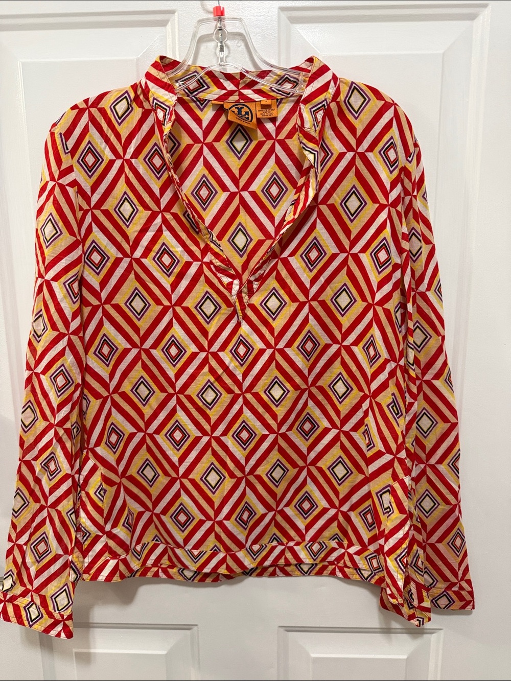 Tory Burch Geometric Cotton Blouse in Red & White Size 8